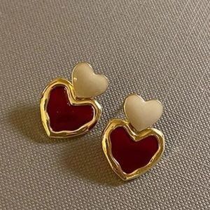 Trendy Sweet Burgundy/Red Enamel Heart Earrings for Women Girl Gold Color Love